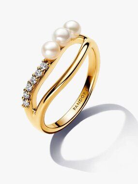 Pandora Treated Freshwater Cultured Pearl & Organically Shaped Double Band Ring